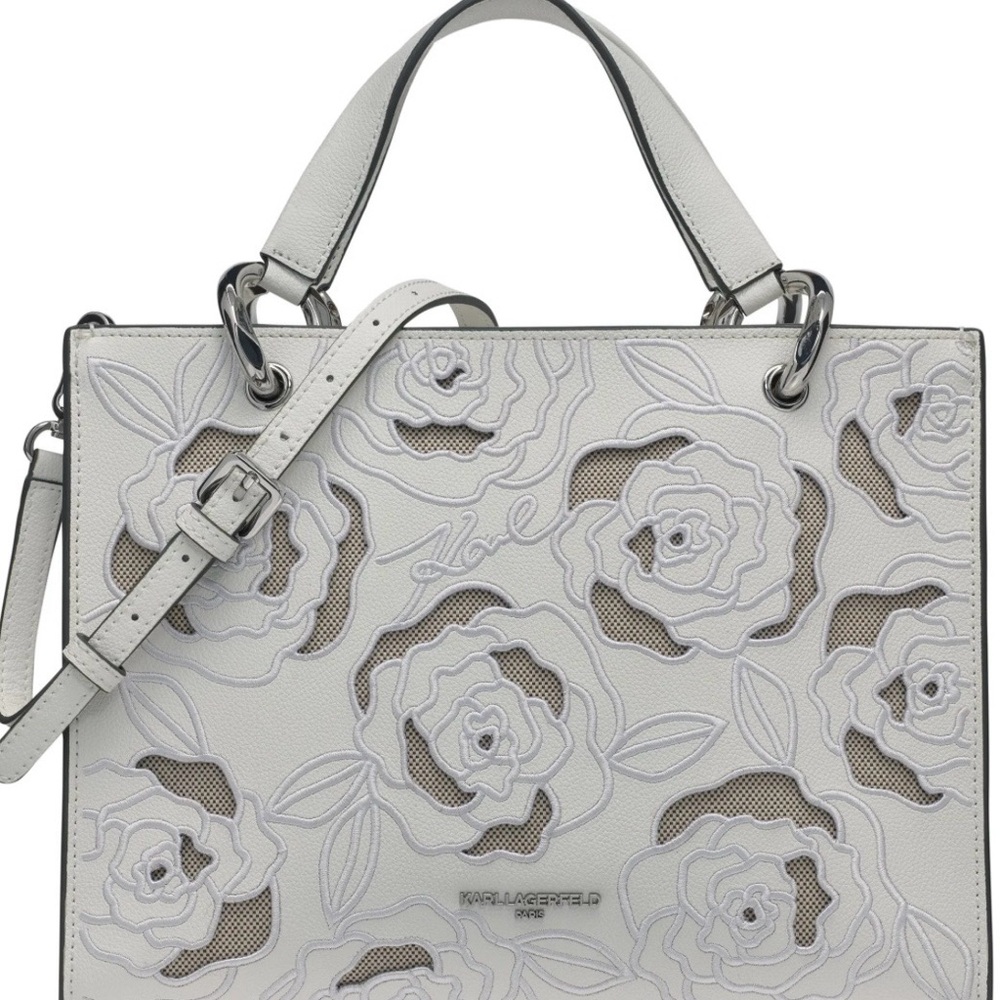 Karl Lagerfeld White Floral Cutout Leather Tote with Removable Strap